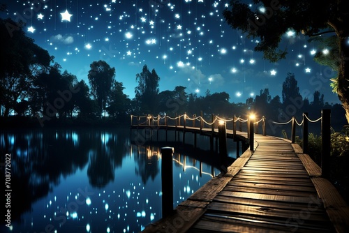 tranquil lakeside retreat wooden dock under starry night sky with full moon reflection