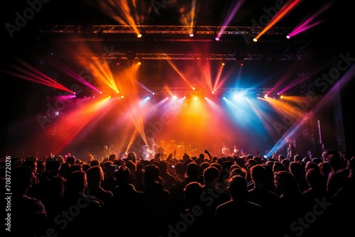Vibrant concert stage with colorful lights and blurred crowd creating a beautiful bokeh effect
