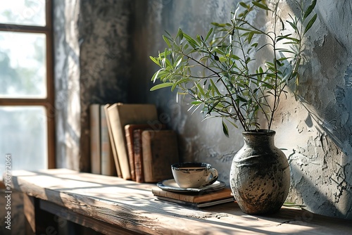 Elegant Mediterranean home design. Textured vase with olive tree branches, cup of coffee. Books on wooden table. Living room still life. Empty wall copy space. Modern interior, no people. Home office photo