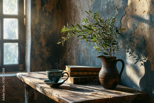 Elegant Mediterranean home design. Textured vase with olive tree branches, cup of coffee. Books on wooden table. Living room still life. Empty wall copy space. Modern interior, no people. Home office photo