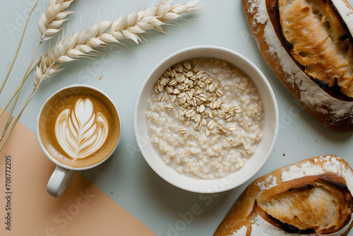 Breakfast bowl of oatmeal with coffee and artisan bread photo