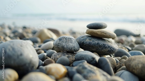  a pile of rocks sitting on top of a beach next to a body of water with a boat in the distance in the distance on top of the picture is a pile of rocks.