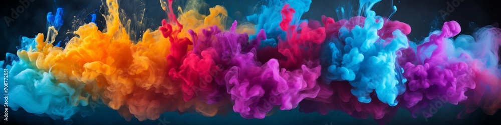Explosions of vibrant and dynamic colorful powder clouds dispersing into a vast area, creating an energetic burst of color alongside unoccupied space for text.