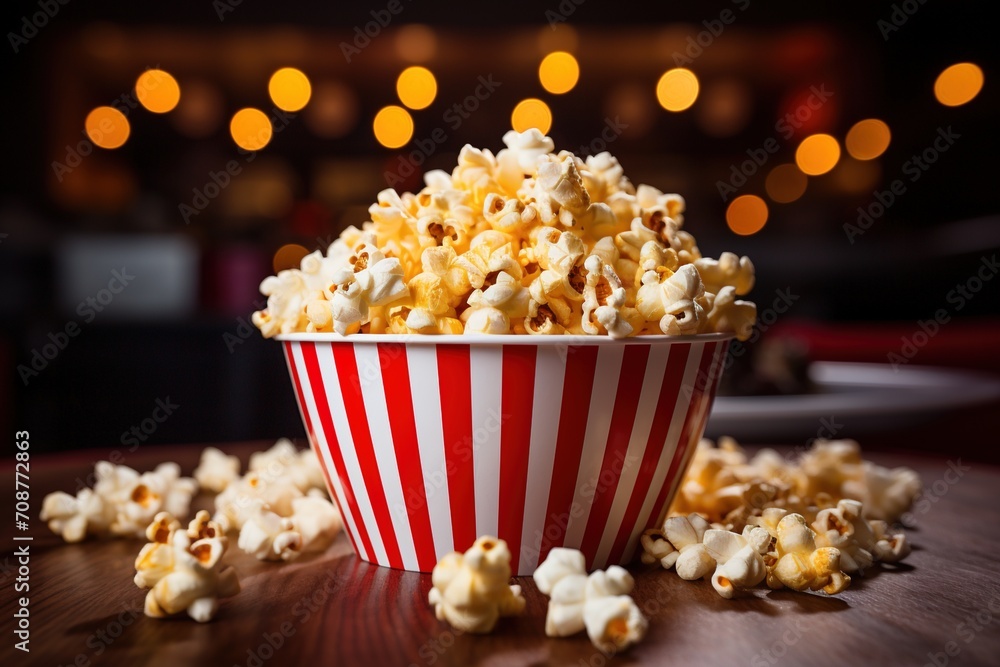 A red and white striped bucket of popcorn with a blurred background of lights