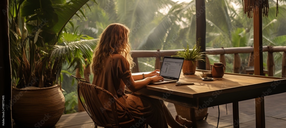 Young woman freelancer using laptop while enjoying the magnificent mountain view in nature s embrace Young woman freelancer using laptop while enjoying the magnificent mountain view in nature s embrace