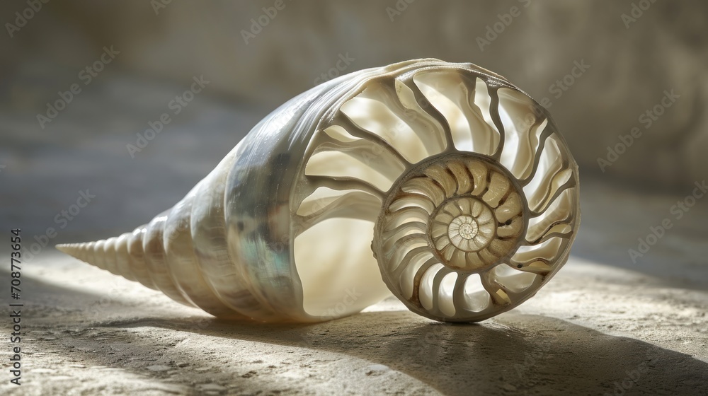  a close up of a seashell on a surface with sunlight coming through the shell and a shadow cast on the wall behind it, with a soft light shining on the floor. - obrazy, fototapety, plakaty 