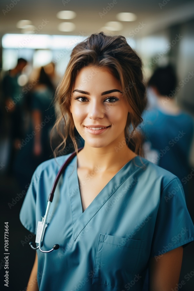 Confident female doctor or nurse in blue uniform posing in hospital Confident female doctor or nurse in blue uniform posing in hospital