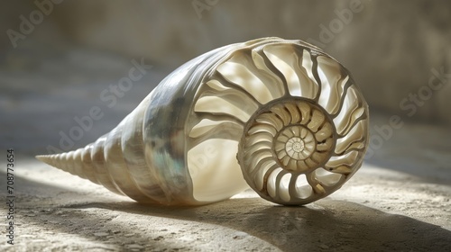  a close up of a seashell on a surface with sunlight coming through the shell and a shadow cast on the wall behind it, with a soft light shining on the floor. photo