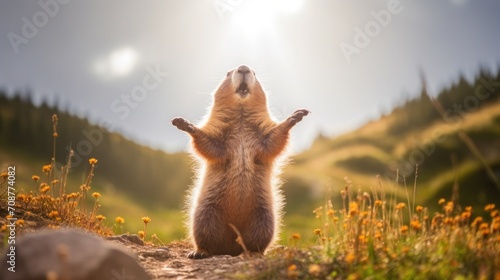 Cute alpine marmot, groundhog standing on its paws. screams and whistling after ibernation on springtime. Groundhog day