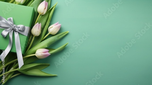 tulips and gift, box on a green background. card for Valentine's Day, March 8, Mother's Day, Birthday. Place for text