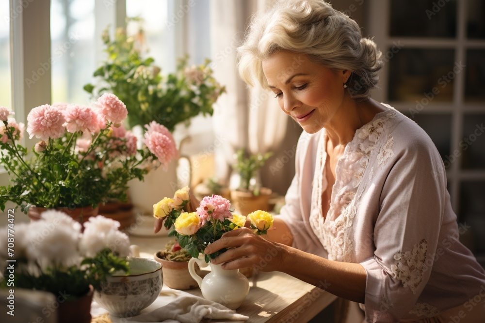 An elderly woman is arranging flowers in a vase An elderly woman is arranging flowers in a vase