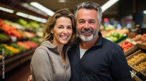 Happy couple grocery shopping together