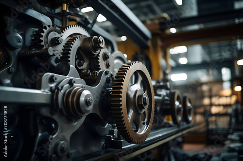 Close-up of gears and bearings on the background of the factory