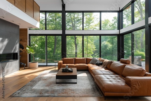 Minimalist living space leather couch big windows.
