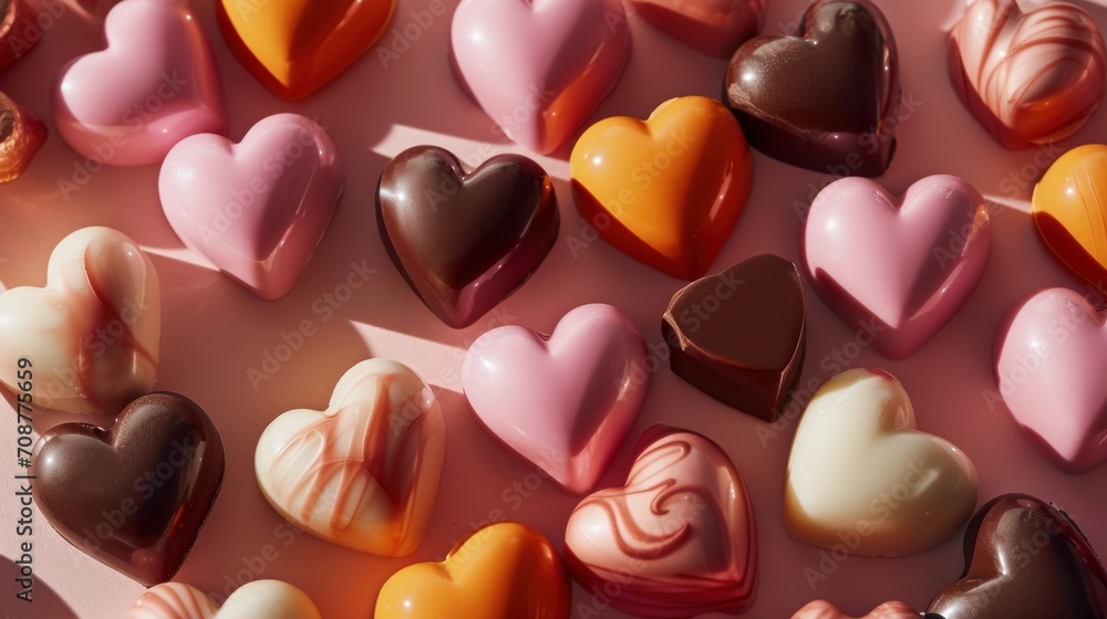  a group of heart shaped chocolates sitting on top of a pink counter top next to a cupcake on top of a pane of other heart shaped chocolates.