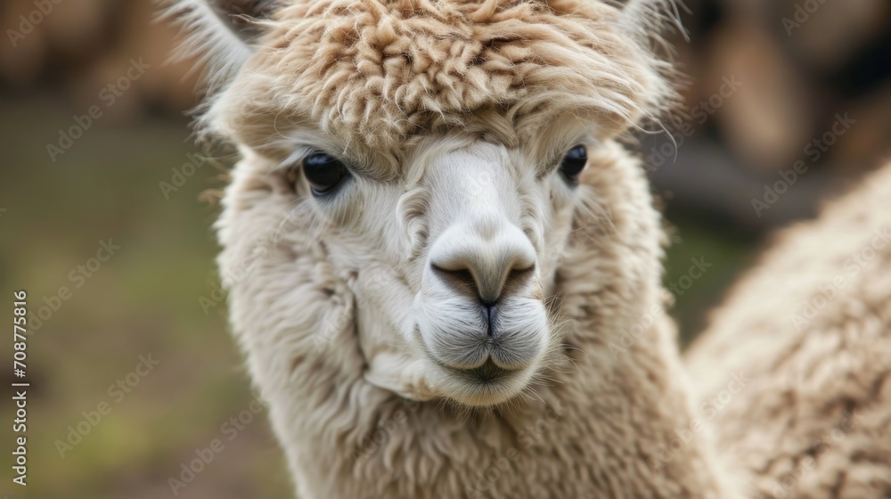  a close - up of a llama's face with a blurry background of other llama's in the foreground and a blurry background.