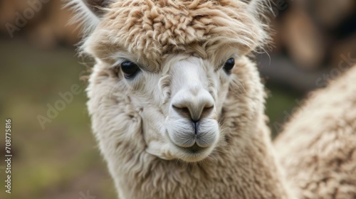  a close - up of a llama's face with a blurry background of other llama's in the foreground and a blurry background. © Anna