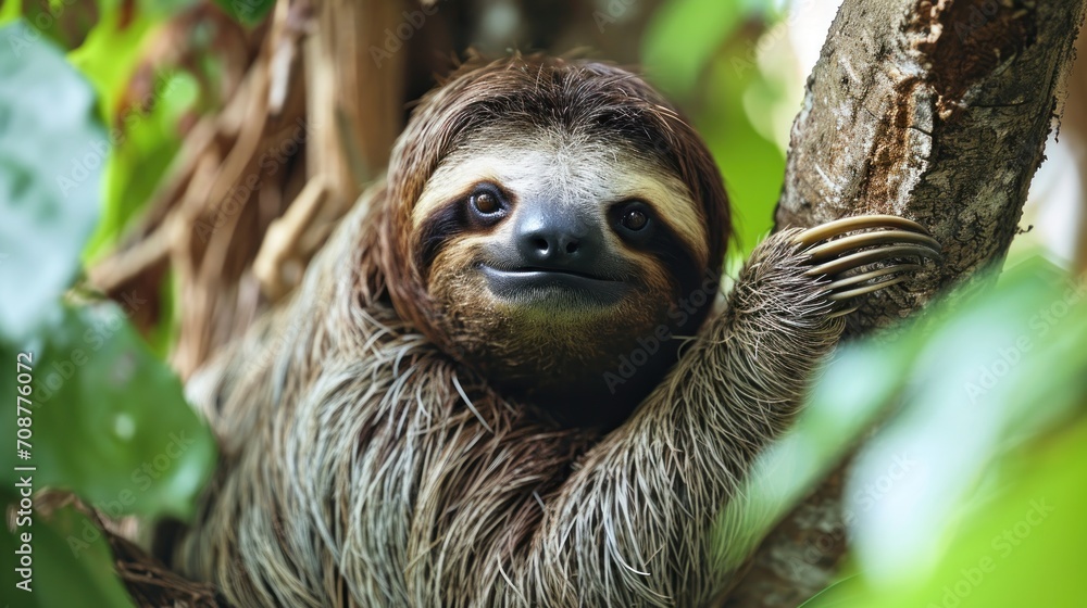 a three - toed sloth hanging from a tree branch in a tropical forest, with its front paws on the side of the branch of the sloth. a three - toed sloth hanging from a tree branch in a tropical forest, with its front paws on the side of the branch of the sloth.