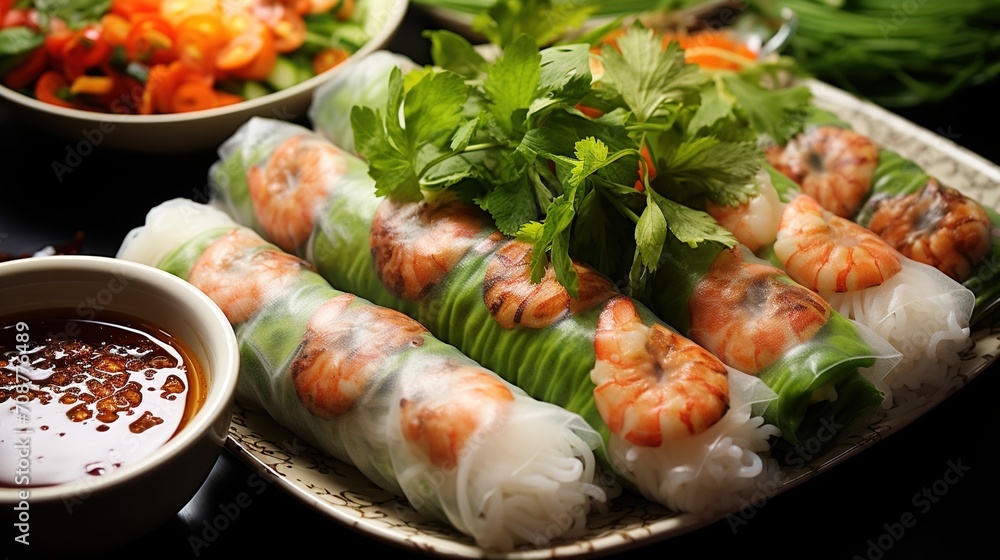 Fresh and healthy Vietnamese spring rolls with vegetables and shrimp Fresh and healthy Vietnamese spring rolls with vegetables and shrimp