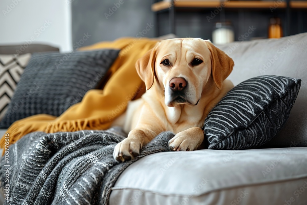 Modern living room interior. Cute Golden Labrador Retriever on couch.