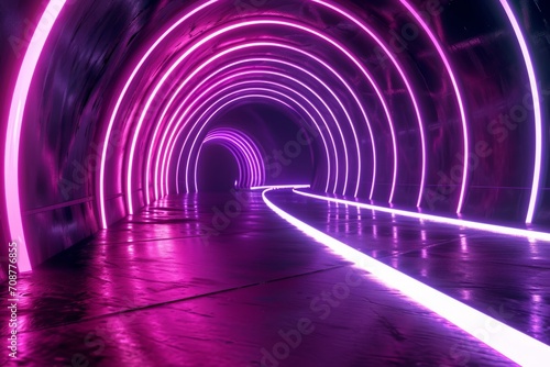 glow neon tube tunnel with three lines, in the style of light indigo and magenta, poster, high-angle, spectacular backdrops, contrasting,