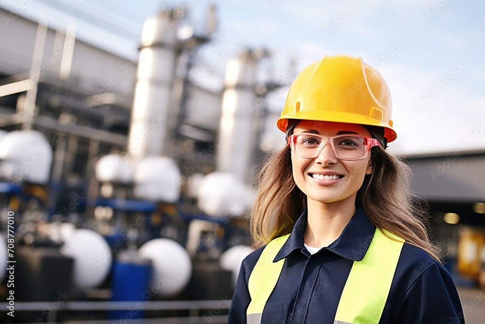 Portrait of a female engineer wearing a hard hat and safety glasses at an industrial facility Portrait of a female engineer wearing a hard hat and safety glasses at an industrial facility