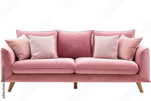 Modern scandinavian classic pink sofa with wooden legs and pillows isolated on white background. Furniture, interior object, stylish sofa. Pink interior, showroom. Fabric sofa front view.