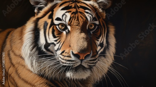  a close - up of a tiger s face on a black background with a blurry image of the tiger s face and the upper half of the tiger s face.