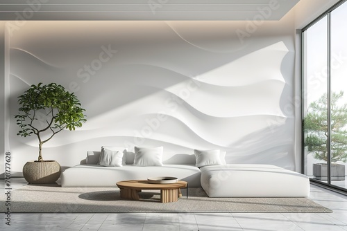 Modern white living room interior 3d rendering image.A blank wall with pure white. Decorate wall with extrude horizon line pattern and hidden warm light photo