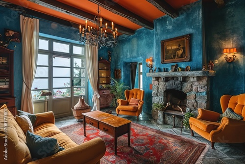 Orange and blue living room interior