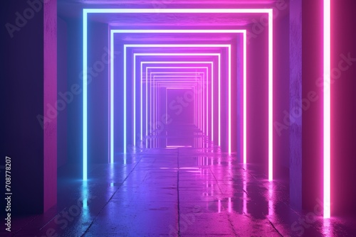 Abstract purple corridor with illuminated lines creates a modern interior design concept