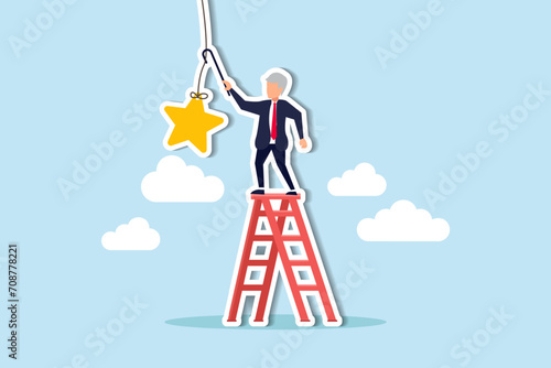 Retirement pension fund target, financial planning for retiree or success retirement life concept, elderly senior retired man climbing up ladder to the top high into the sky to grab the star.