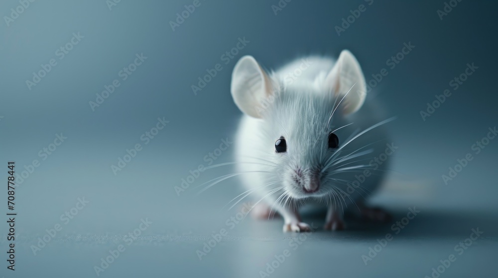 a close up of a white mouse on a blue background with a blurry image of the mouse looking at the camera with a serious look on the mouse's face. a close up of a white mouse on a blue background with a blurry image of the mouse looking at the camera with a serious look on the mouse's face.