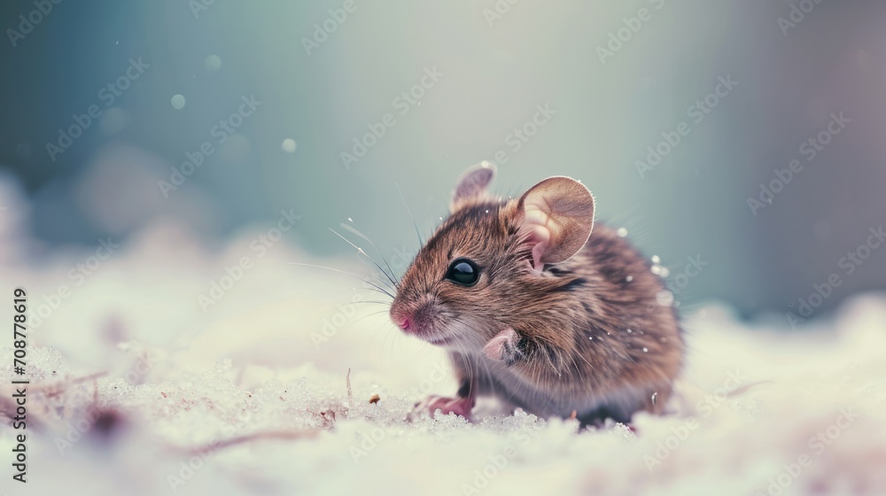 a small brown mouse sitting on top of a snow covered ground and looking at the camera with a curious look on its face, with a blurry background of snow. a small brown mouse sitting on top of a snow covered ground and looking at the camera with a curious look on its face, with a blurry background of snow.