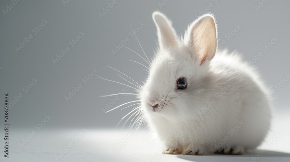  a small white rabbit sitting on top of a white floor next to a gray wall and looking at the camera with a curious look on it's left eye.