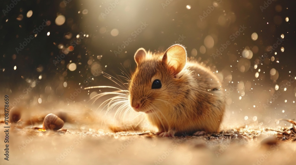  a close up of a small rodent on the ground with drops of water on the ground and a light shining on the ground behind the rodent and the rodent.