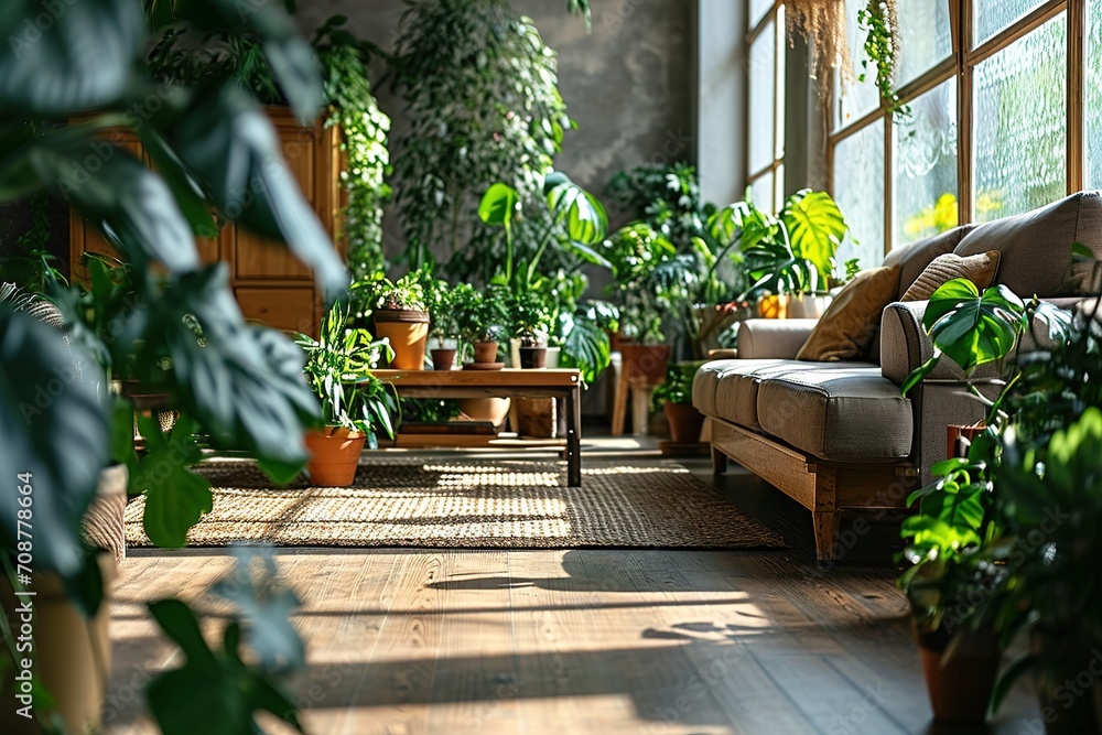 Stylish interior of living room with green houseplants