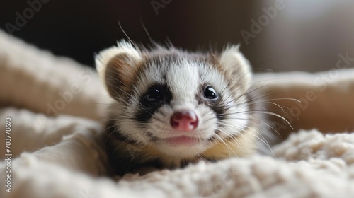  a close up of a ferret on a blanket looking at the camera with a surprised look on its face and a frown on its face, while looking at the camera.