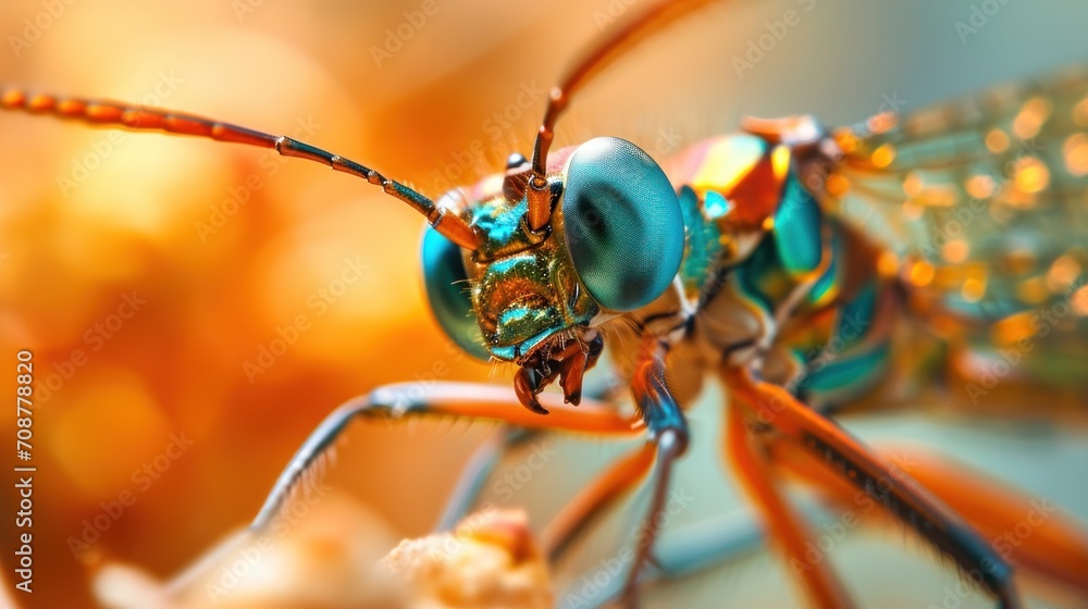 Fototapeta premium a close up of a blue and orange dragonfly on a piece of wood with a blurry background of orange and yellow leaves in the foreground and a blurry background.