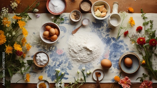 An overhead view of a cozy kitchen table set with colorful ingredients for baking.