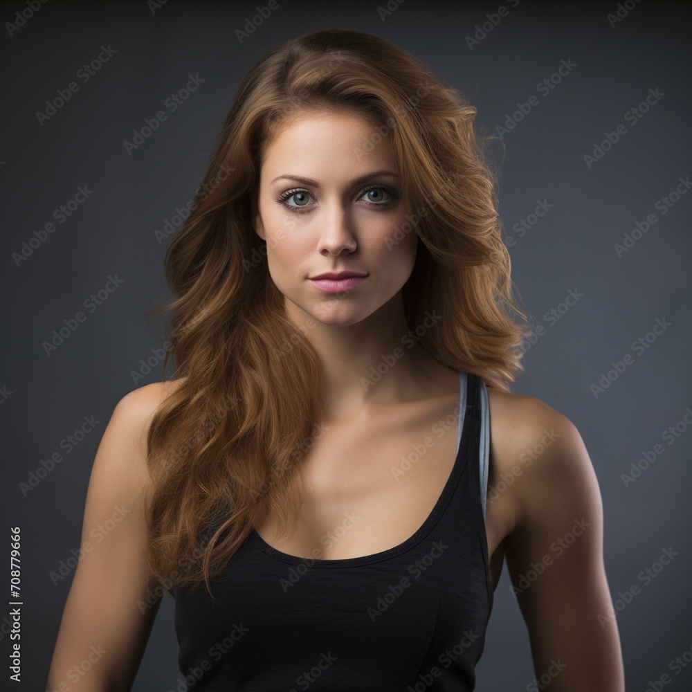 portrait of a beautiful young woman with long brown hair wearing a black tank top portrait of a beautiful young woman with long brown hair wearing a black tank top