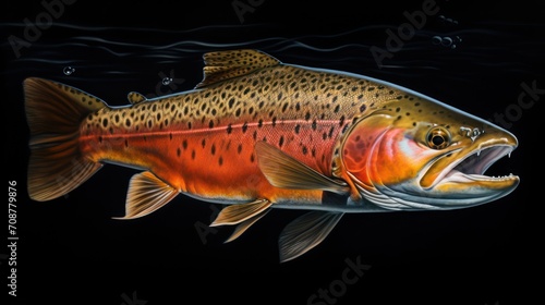  a painting of a brown and orange fish with it's mouth open and it's mouth wide open and it's mouth wide open, on a black background.