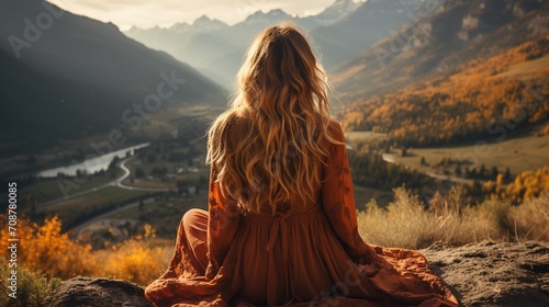 girl sitting on a rock looking at a mountain landscape