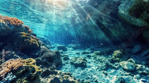  an underwater view of a coral reef with sunlight streaming through the water's surface and sunlight streaming through the water's surface, with sunlight streaming through the water's surface.
