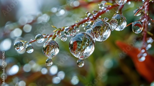  a close up of water droplets on a tree branch with a blurry background of green leaves and water droplets on a branch with red stems in the foreground.