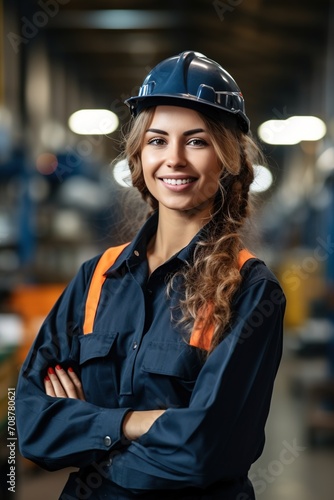 Portrait of a female industrial worker wearing a hard hat and safety glasses in a factory