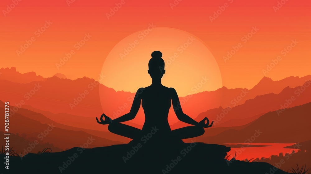 a person sitting in a lotus position in front of a sunset with mountains in the background and a body of water in the foreground, with a body of water in the foreground. a person sitting in a lotus position in front of a sunset with mountains in the background and a body of water in the foreground, with a body of water in the foreground.