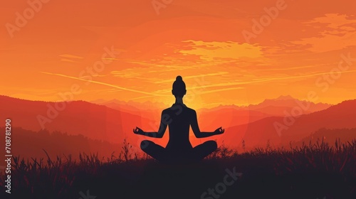  a silhouette of a person sitting in a yoga position in front of an orange and red sky with the sun setting behind a mountain range in the distance, with grass and bushes in the foreground.