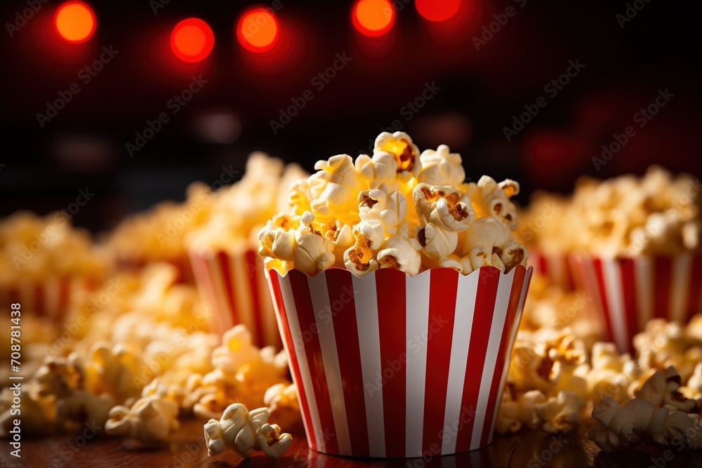 Red and white striped popcorn bucket with scattered popcorn in the foreground and background Red and white striped popcorn bucket with scattered popcorn in the foreground and background