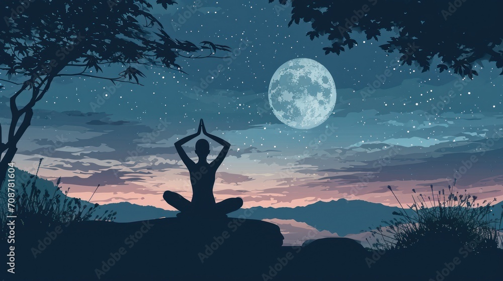 a silhouette of a person doing yoga in front of a night sky with the moon in the sky and a tree in the foreground with a full moon in the distance. a silhouette of a person doing yoga in front of a night sky with the moon in the sky and a tree in the foreground with a full moon in the distance.